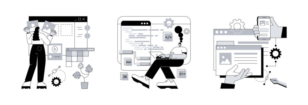 Web development agency abstract concept vector illustration set. Front and back end development, responsive web design, website interface, coding and programming, user experience abstract metaphor.