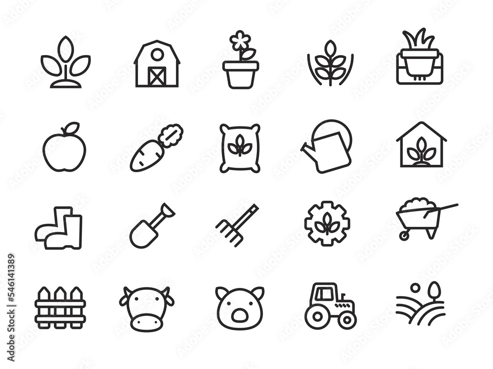 Sticker Set of agriculture icons with linear style isolated on white background