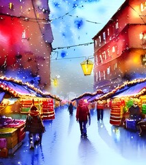 The Christmas market is a festive scene with fairy lights and people milling about. There's a sense of excitement in the air as shoppers browse through stalls selling handmade gifts, trinkets, and hol