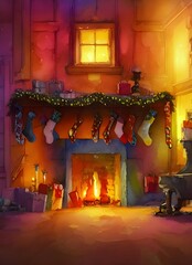 The fireplace is decorated for Christmas with garlands, wreaths, and a big red bow. The stockings are hung by the chimney with care.