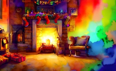 The fireplace is decorated with Christmas decorations. There are garlands wrapped around the mantel and stockings hung from it. A fire is burning in the fireplace, giving the room a warm and cozy feel