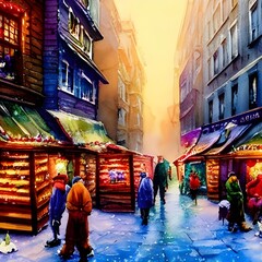 Obraz premium The Christmas market is bustling with people, laughter, and the smell of gingerbread in the air. The twinkling lights reflect off of the snow that coats everything in a sparkling blanket. There's a fe