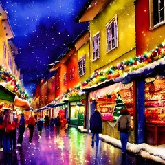 Obraz na płótnie Canvas The air is full of the smell of roasted chestnuts and cinnamon. Brightly lit stands are selling everything from ornaments to warm drinks. The ground is covered in a layer of snow, which crunches under
