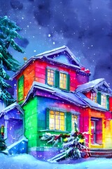 The house is covered in Christmas decorations. There are lights on the roof, a wreath on the door, and presents under the tree.