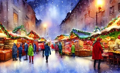 Obraz premium The lights of the Christmas market are shining brightly in the cold evening air. The people walking around are bundled up against the chill, but they still take a moment to stop and admire the sparkli