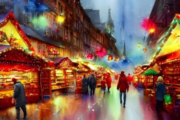 The air is thick with the smell of mulled wine and gingerbread. Strings of fairy lights criss-cross overhead, casting a warm glow over the bustling market stalls. There's a excited buzz in the air as 