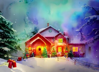 Fototapeta na wymiar It's a cold winter night and the snow is falling gently outside. The house is decorated with string lights and there are candles in the windows. A wreath hangs on the door, and a Christmas tree stands