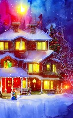 The house is adorned with lights and wreaths. The sparkle of the lights illuminate the yard and dance off the snow.