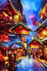 Fototapeta premium The Christmas market is in full swing and the air is thick with the scent of roasting chestnuts and mulled wine. The fairy lights twinkle merrily against the darkening sky, and Stallholders are doing 