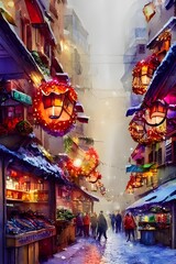 The air is full of the smell of gingerbread and roasting chestnuts. Brightly lit stalls line the square, selling handmade trinkets and thick woolen scarves. The ground is dusted with snow, and ic