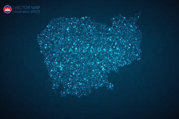Obraz premium Map of Cambodia modern design with abstract digital technology mesh polygonal shapes on dark blue background. Vector Illustration Eps 10.