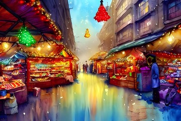 The Christmas market is bustling with people. The air is thick with the smell of spices and mulled wine. Strings of fairy lights twinkle overhead, adding to the festive atmosphere. Stalls selling hand