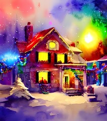 The house is adorned with Christmas lights and decorations. The snow on the ground sparkles in the light, and a wreath hangs on the door.