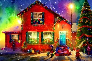 Fototapeta premium The house is decorated with lights and ornaments for Christmas. The windows are adorned with wreaths, garland is draped along the porch railings, and a big red bow graces the front door.