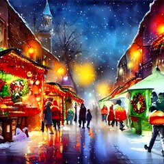 The Christmas market is bustling with people shopping for gifts and enjoying the festive atmosphere. The stalls are decorated with lights and there's a sense of excitement in the air.