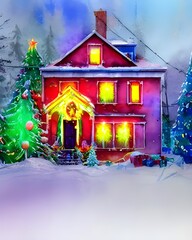 It's nighttime, and the lights from the house are shining brightly through the snow. The decorations on the house are beautiful, and there's a big wreath on the front door.