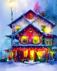 The Christmas lights are shining brightly on the house and the red and green decorations make it look very festive. There is a wreath on the door and some reindeer figures in the yard. It looks like a