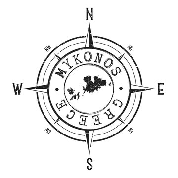 Mykonos, Mikonos, Greece  Stamp Map Compass Adventure. Illustration Travel Country Symbol. Seal Expedition Wind Rose Icon.