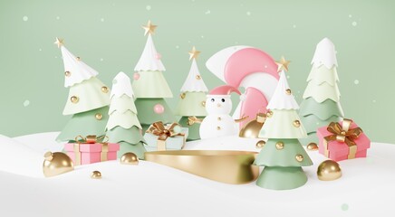 Christmas backgrounds with podium stage platform in minimal New year event theme. Merry Christmas scene for product display mock up banner. Empty stand pedestal decor in Xmas winter scene. 3D render.
