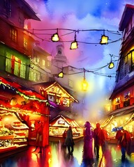 Obraz na płótnie Canvas The Christmas market is bustling with people and the air is full of the smell of roasted chestnuts. Strings of lights overhead illuminate the scene and a band is playing carols on a stage in front of 