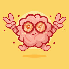 cute brain character mascot with peace sign hand gesture isolated cartoon in flat style design 