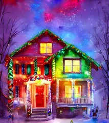 Fototapeta premium The house is decorated with lights and garland. A big wreath hangs on the door, and presents are piled under the tree.
