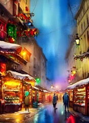 The Christmas market is bustling with people, the air filled with laughter and the smell of gingerbread. The twinkling lights overhead create a feeling of magic in the air.