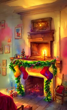 The fireplace is adorned with garlands and lights. A big red bow hangs from the mantel, and stockings are hung carefully on either side of the fire. Candles flicker in the windows, adding to the warm 