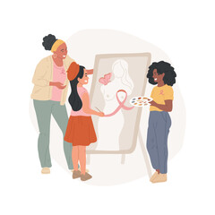 Cancer awareness day isolated cartoon vector illustration. Children in pink shirts, wearing solidarity ribbon, drawing breast cancer awareness posters, special school days vector cartoon.