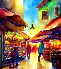 It's Christmas market evening, and the air is alive with the sound of laughter and carols. The marketplace is strung with lights and filled with stalls selling everything from handmade trinkets to roa