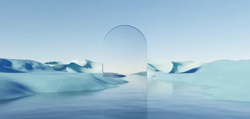 Foto op Plexiglas Surreal Beautiful Dream land background. Abstract Dune in winter season landscape with geometric arch. Fantasy island scenery with water and natural cloudy sky. Metallic mirror arch. 3d render. © TANATPON