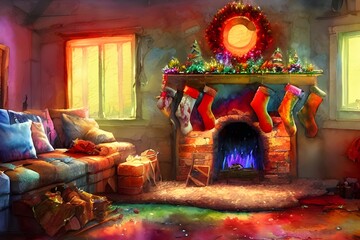 The fireplace is adorned with garlands of green and red, strung with twinkling lights. A wooden stocking hangs from the mantle, its red threads shining in the light. A pile of colorful presents sits b