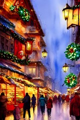 Fototapeta premium The Christmas market is open and the fairy lights are on. The snow is falling gently and people are milling around, buying presents and eating hot food from the stalls. There's a feeling of excitement