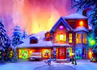The lights on the house are shining brightly, and the Christmas decorations are up. The snow is falling gently, and it's a beautiful scene.