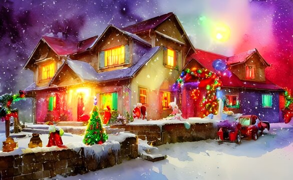 In the picture, there are Christmas decorations on a house. The decorations include lights strung around the eaves of the roof and a wreath on the front door.