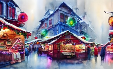 The Christmas market is alive with people and lights. The stalls are decked out in holiday garlands, and the smells of mulled wine and roasted chestnuts fill the air. Families stroll around enjoying t