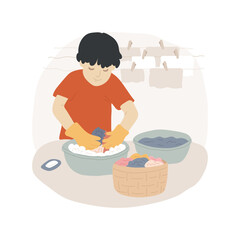 Washing clothes isolated cartoon vector illustration. Kid washing clothes in a bucket, montessori practical life skill, hanging tissues on drying rack, care of home environment vector cartoon.