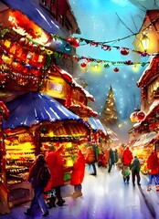 The Christmas market is crowded with people enjoying the holiday atmosphere. The stalls are decorated with lights and festive colors, selling everything from handmade gifts to traditional food. The sm