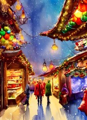 Fototapeta premium The Christmas market is bustling with people and the air is thick with the smell of cinnamon. The stalls are decorated with fairy lights and there's a big Christmas tree in the middle. People are buyi