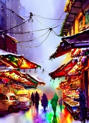 Obraz premium The Christmas market is bustling with people, the air full of laughter and the smell of mulled wine. The fairy lights twinkle in the darkness and the stalls are full of festive treats.