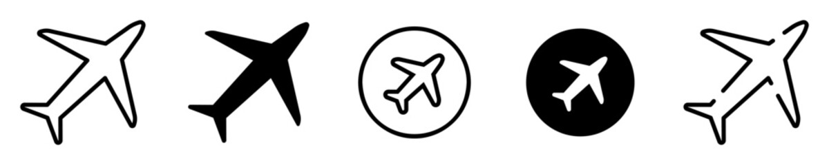 Conjunto de iconos de avión. Aeropuerto. Concepto de transporte aéreo. Avión de diferentes estilos. Ilustración vectorial