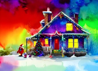 Fototapeta premium The house is covered in Christmas decorations. There are lights on the roof and around the windows. A wreath hangs on the door, and there are presents under the tree.