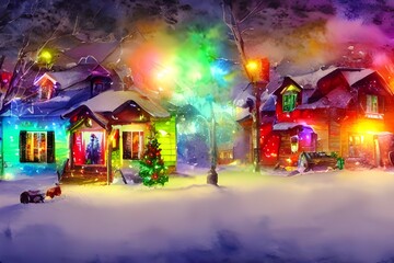 In the picture, there are houses with Christmas decorations. The decorations include lights, wreaths, and Santa Claus figures.