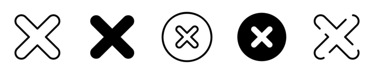 Conjunto de iconos de x. Cancelar. Concepto de eliminar. Símbolo de x de diferentes estilos. Ilustración vectorial 