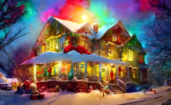 In the picture, there are several houses decorated with Christmas lights. Some of the lights are blinking and some are just on steadily. There is also a lighted star atop each house.