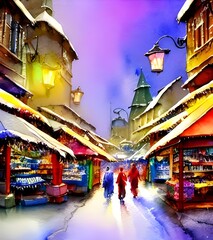 Obraz premium The Christmas market is in full swing with people milling around the stalls and enjoying the festive atmosphere. The air is thick with the scent of mulled wine and roasted chestnuts, and there's a rea