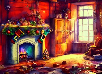 The fireplace is lined with evergreen branches and red berries. Pinecones are sprinkled around the hearth. Red, gold, and green garlands are draped across the mantle. A fire burns brightly in the grat - obrazy, fototapety, plakaty