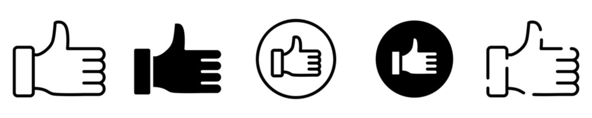 Conjunto de iconos de me gusta. Dedo pulgar de la mano hacia arriba. Concepto de aprobación. Me gusta de diferentes estilos. Ilustración vectorial