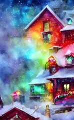 In the picture, there are Christmas decorations on a house. These include a string of lights across the top of the house and two wreaths hung on either side of the front door. There is also snow on th