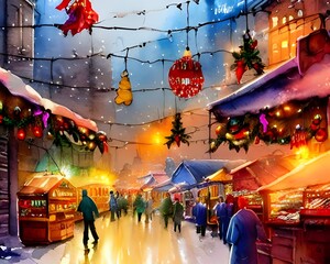 Fototapeta premium It's Christmas market evening and the air is thick with the smell of Mulled Wine and gingerbread. The stalls are all decked out in their festive best, with twinkly lights and holly wreaths galore
